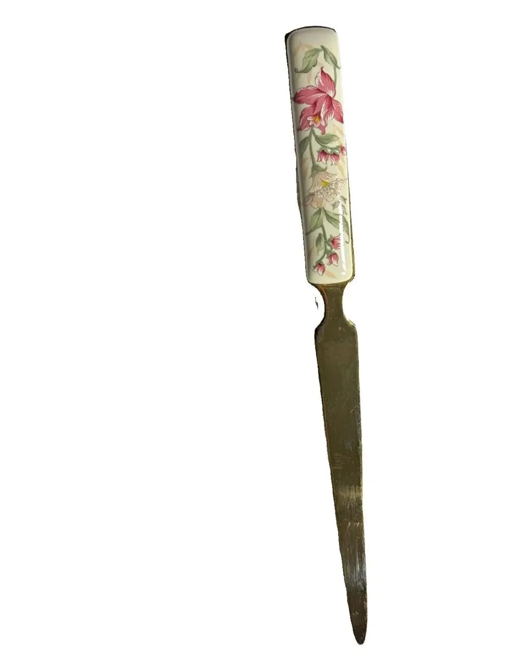 Vintage Floral Ceramic Handle Letter Opener w/ Metal Blade, Pink Flower Design